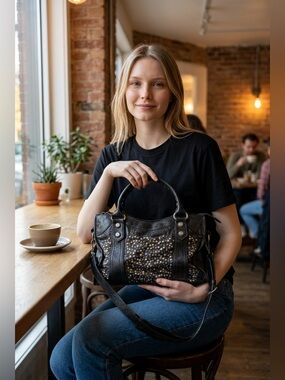 FRYE (rare!) Deborah Studded Black Leather Large Satchel